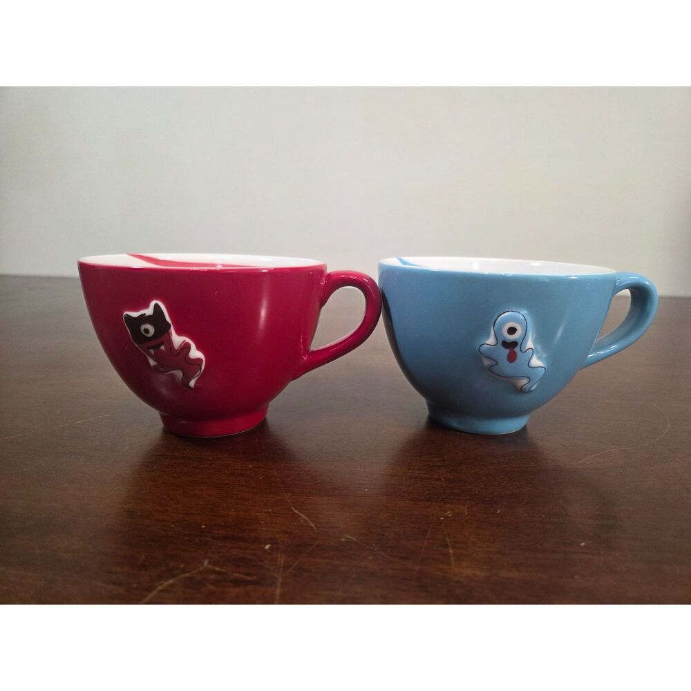 Starbucks 2006 Halloween Red & Blue “BOO” Cat Ghost Ceramic Mug Set 12oz